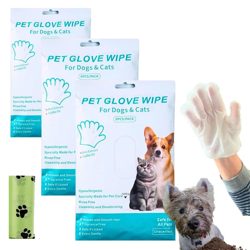 Pet Grooming Glove Wipes for Dogs and Cats, Hypoallergenic, Unscented, 18 Count, 3 Pack