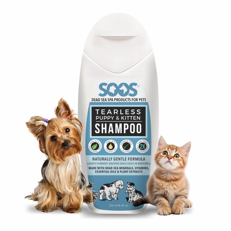 Soos Pet Shampoo Natural Dead Sea Tear-Less Fast Absorbing with Vitamins Minerals for Puppy and Kitten – 1x (250ml / 8.45 oz)