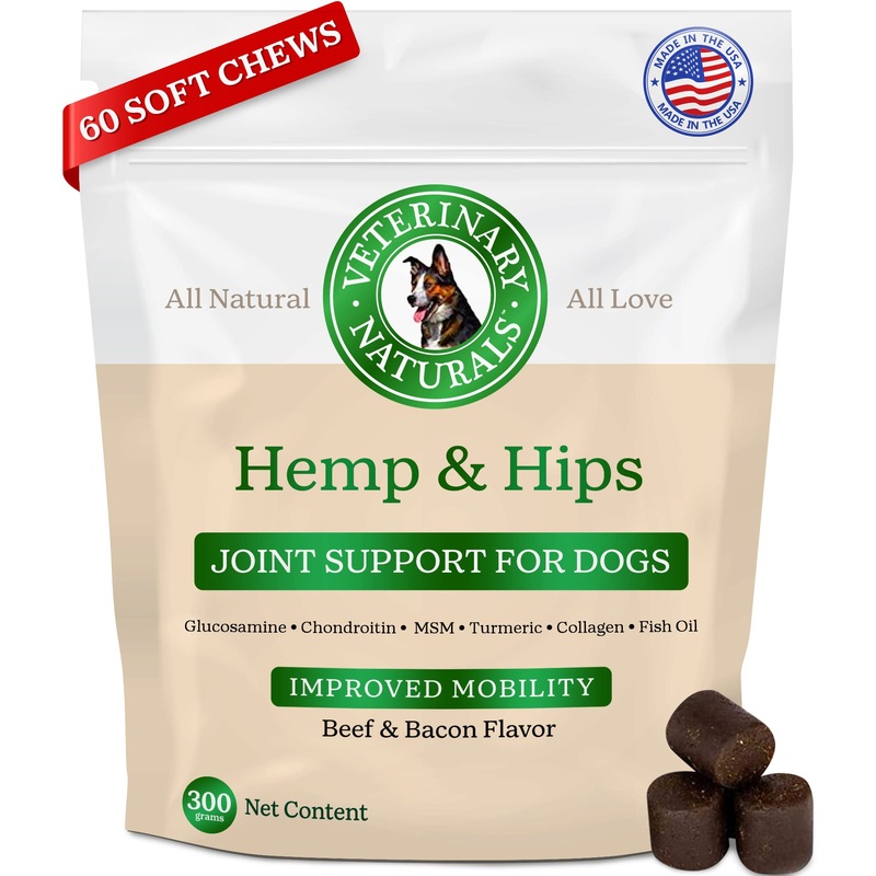 Veterinary Naturals Hemp & HIPS Joint Supplement for Dogs – 60 Soft Chews for Dog Hip and Joint Supplement with Glucosamine for Dogs, MSM, & Turmeric (Beef & Bacon) Beef & Bacon Regular