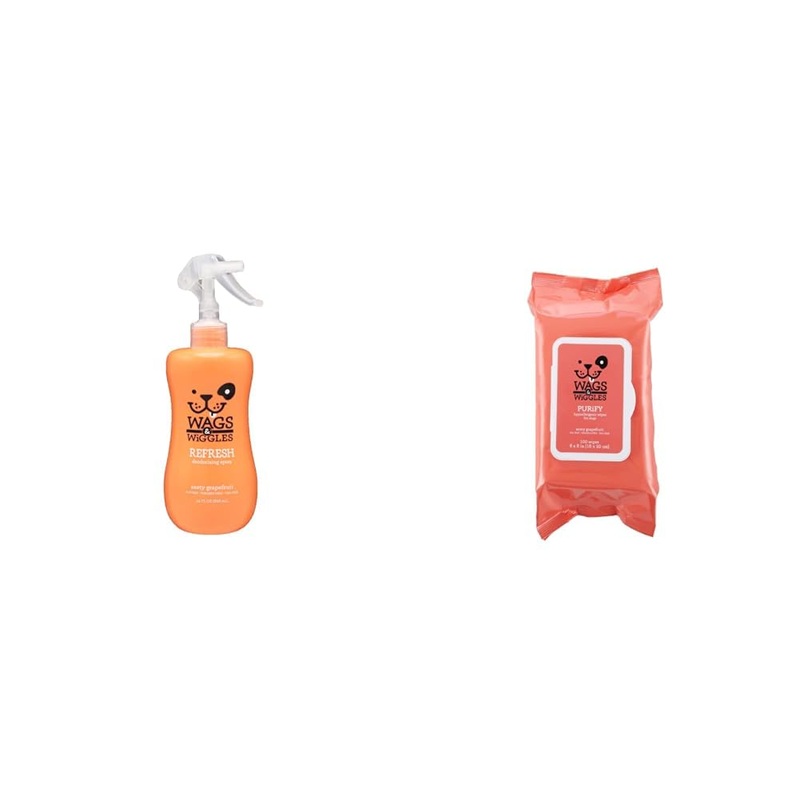 Wags & Wiggles Zesty Grapefruit Scent Bundle: Refresh Deodorizing Spray, 12 Fl Oz and Nourish Moisturizing Wipes, 100 Count – Gently Clean, Condition & Combat Odors Without a Bath