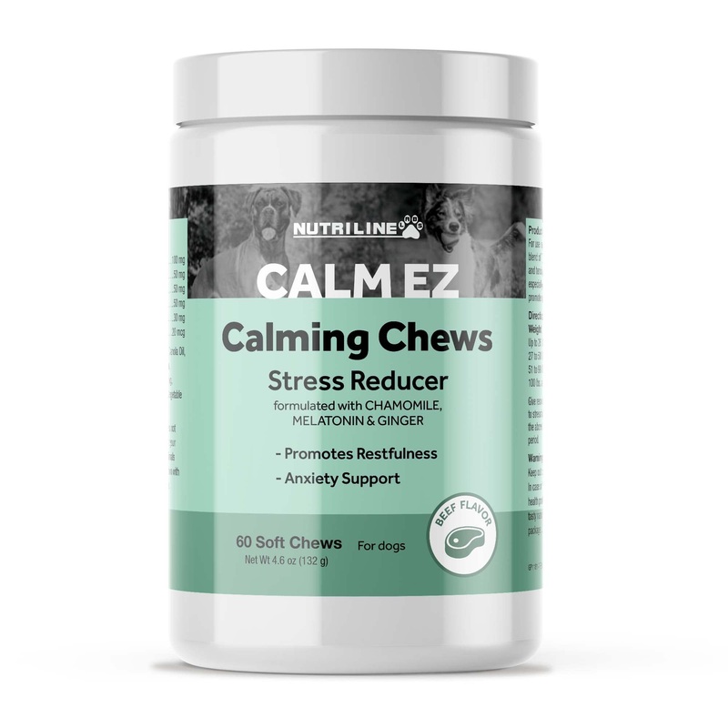 Calm EZ Calming Dog Chews – Calming Chews for Dogs with Chamomile, Melatonin & Ginger – Help Aid Stress Relief During Travel, Grooming, or Separation – Beef Flavor, USA Made, 60 Count