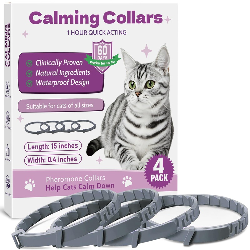 Calming Collar for Cats -4 Pack Soother Cats Calming Collars Anxiety Relief Stress Drug-Free & Lavender-Free -Adjustable for Small, Medium Large Cat -Natural Ingredients Pheromones Rapid Effect Grey Grey-4 Pack