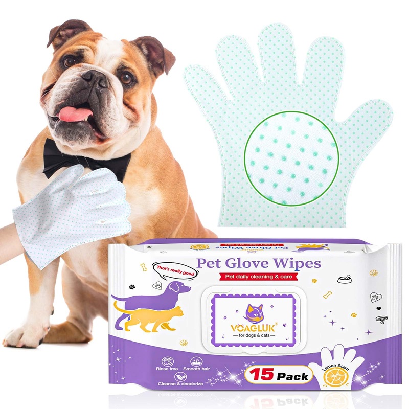 Dog Cleaning Gloves Wipes 15pcs Deodorizing Disposable Pet Grooming Bathing Gloves Extra Thick, No Rinse Shampoo Dry Cleaning Gloves Lick Safe for Dogs & Cats Paw Face Ear Fur and Butt