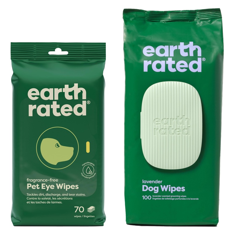 Earth Rated Ear Wipes & Grooming Wipes Bundle – Includes 70 Fragrance-Free Pet Ear Wipes and 100 Lavender-Scented Grooming Wipes.