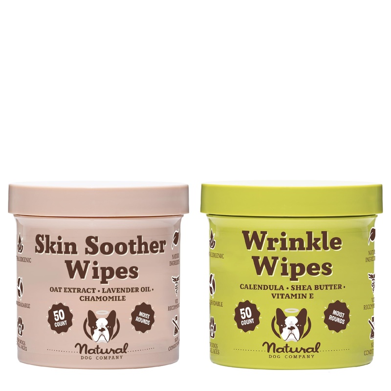 Natural Dog Company Wipes Bundle – (1) Wrinkle Balm Wipes, 50 Count (1) Skin Soother Wipes, 50 Count, Hypoallergenic, Soothing & Deoderizing Wipes for Dogs