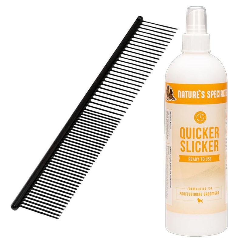 Paw Brothers Grooming Tool and Nature’s Specialties Conditioning Spray Bundle – Greyhound Style Comb, Teflon, Fine/Med., 7.5 in – Quicker Slicker Detangling and Conditioning Spray, Ready to Use, 16 oz