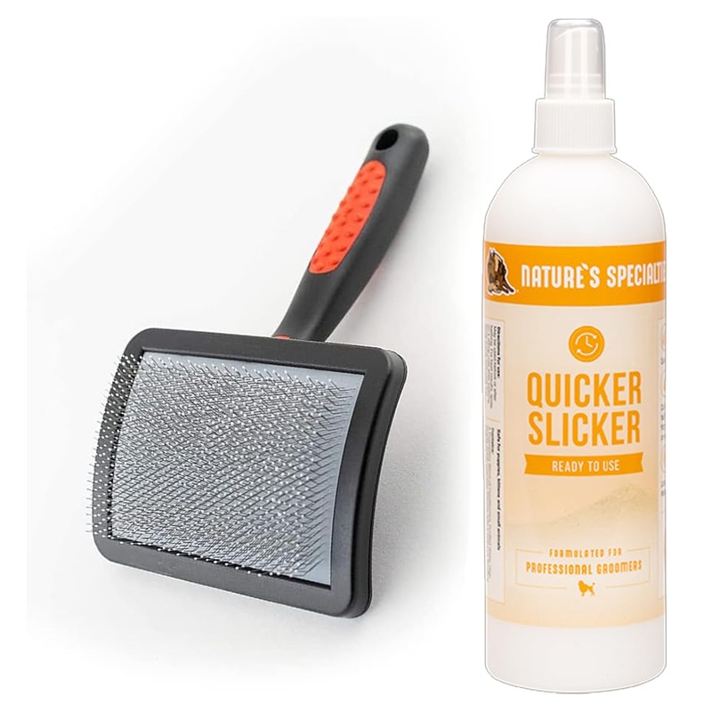 Paw Brothers Grooming Tool and Nature’s Specialties Conditioning Spray Bundle – Soft Coated Pin Curved Slicker Brush, Small – Quicker Slicker Detangling and Conditioning Spray, Ready to Use, 16 oz