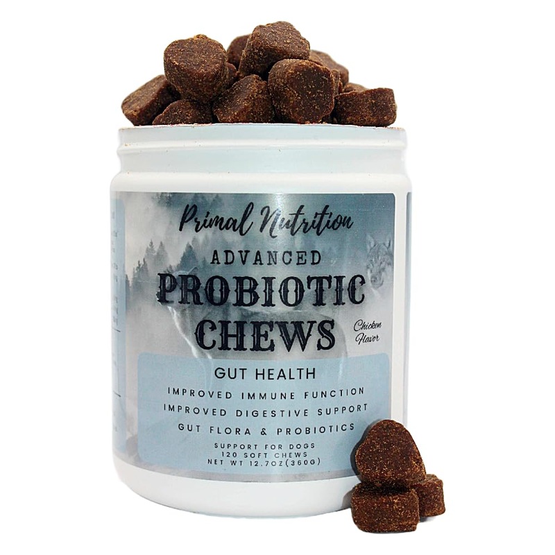 Primal Nutrition Probiotics for Dogs – Digestive Enzymes for Gut Flora, Digestive Health, Diarrhea & Bowel Support – Dog Supplement Soft Chew for Pet Immune System – Chicken