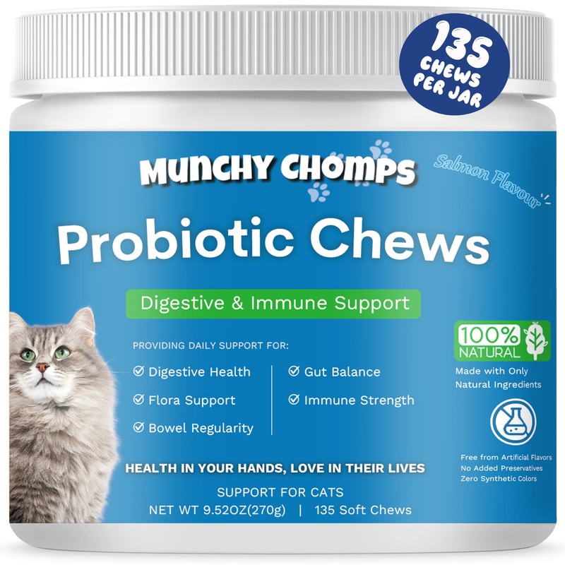 Probiotic Chews for Cats – Digestive & Immune Support with Prebiotics, Postbiotics & Enzymes – Promotes Gut Balance & Bowel Regularity (Salmon) Salmon