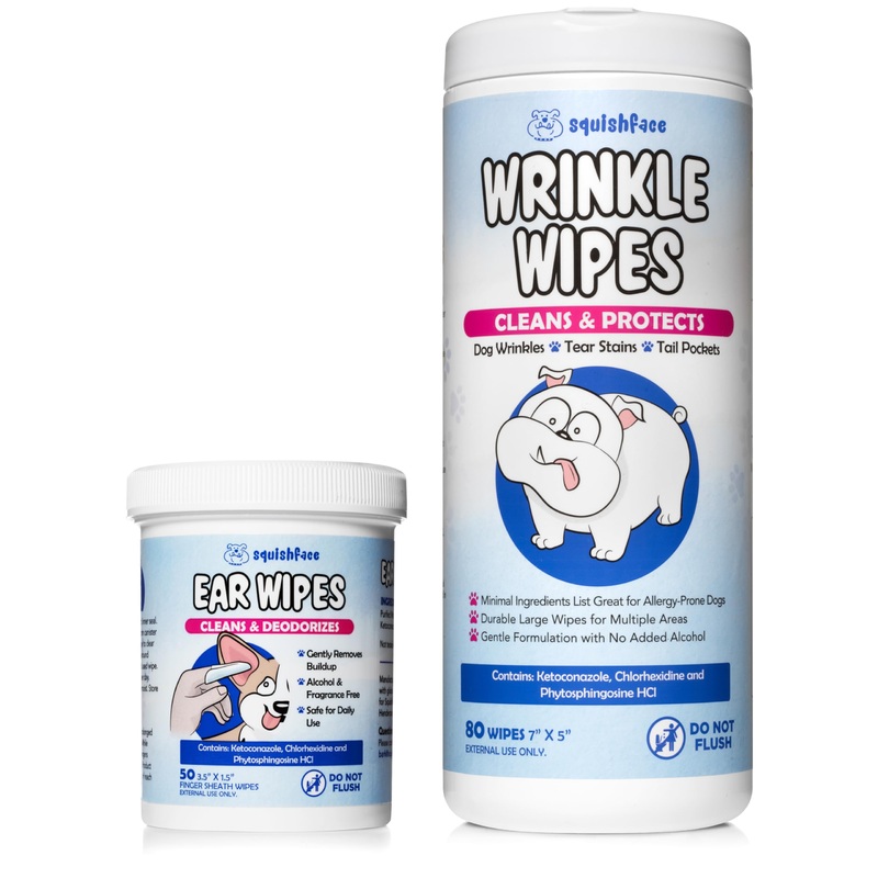 Squishface Wrinkle Wipes + Dog Ear Wipes Bundle – for Dogs with Wrinkles, Tear Stains, Tail Pockets, Irritated Paws & More – Great for All Breeds!