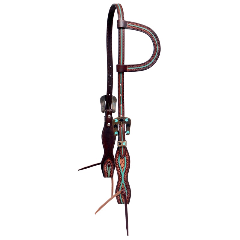 | Turquoise Painted | Tooled American Leather Spur Straps, Breastcollar,Slip Ear and Browband Headstall Slip Ear Headstall