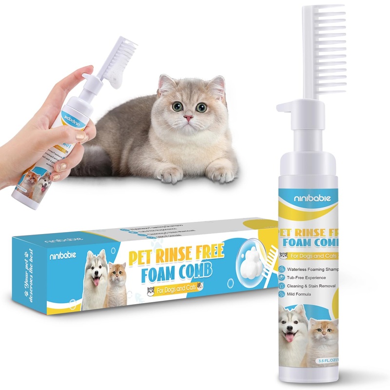 Waterless Cat Shampoo,Comb and Wash 2-in-1,No Rinsing Foam Comb,Detangling&Moisturizing,Removing Odors 3.5oz Pet No-Rinse Foam Comb
