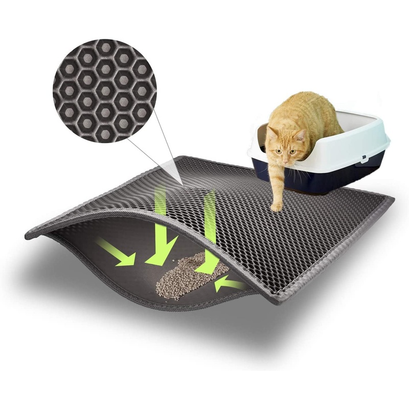 ASOBEAGE Cat litter box mat, cat litter underlay, honeycomb design mat, waterproof double layer design, honeycomb, 38 x 61 cm (grey) 38 x 61 cm (pack of 1)