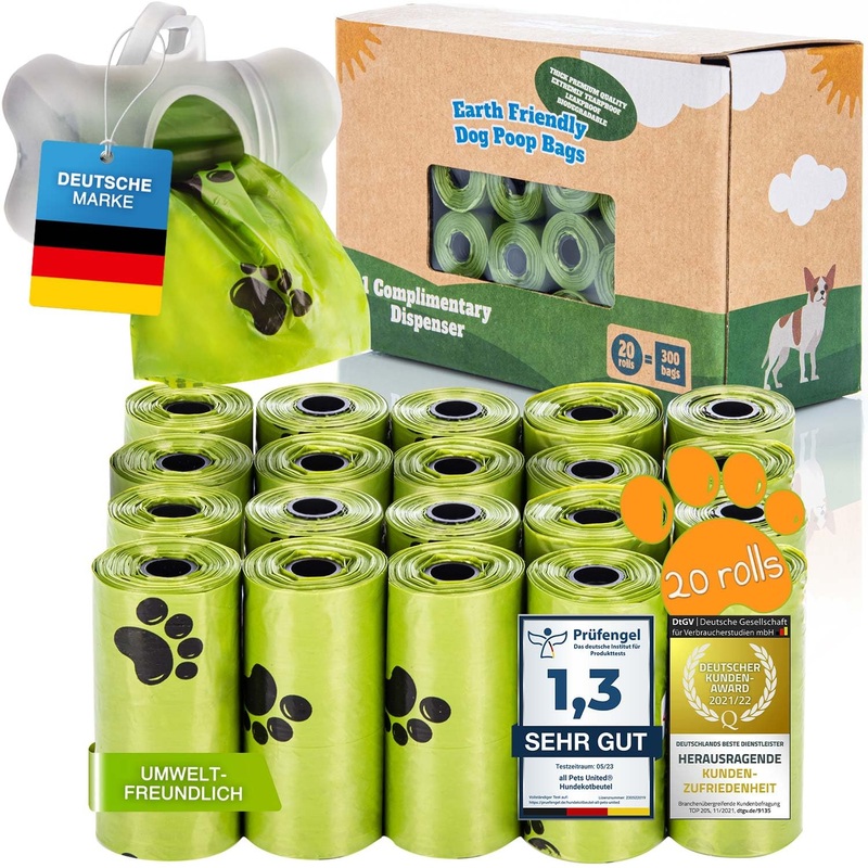 BI0 Dog poop bags with dispenser Compostable poop bags for dogs with dog poop bag dispenser 100% biodegradable dog poop bags with leash holder (300 bags: 20 rolls + 1 dispenser) 300 bags: 20 rolls + 1 dispenser