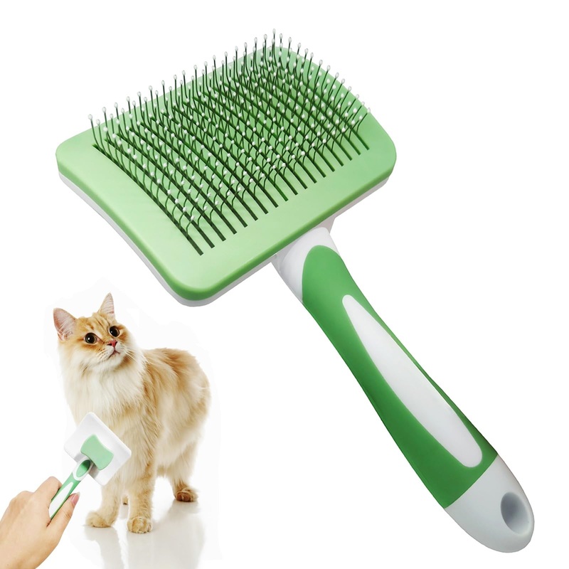Cat brush, pet brush, self-cleaning slicker brush removes undercoat, cat comb, dog brush, cat brush for short hair to long hair, suitable for gentle cats (green)