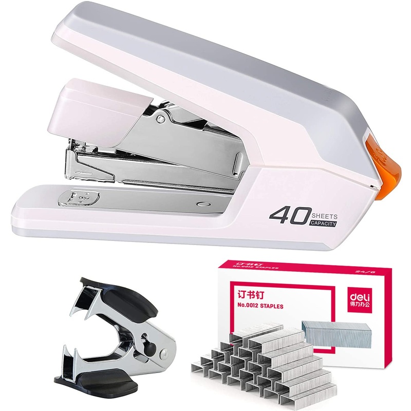 Deli labor-saving stapler, office stapler for 40-50 sheets capacity, with 1500 staples and staple remover, for office school home desk accessories metal stapler (white) white