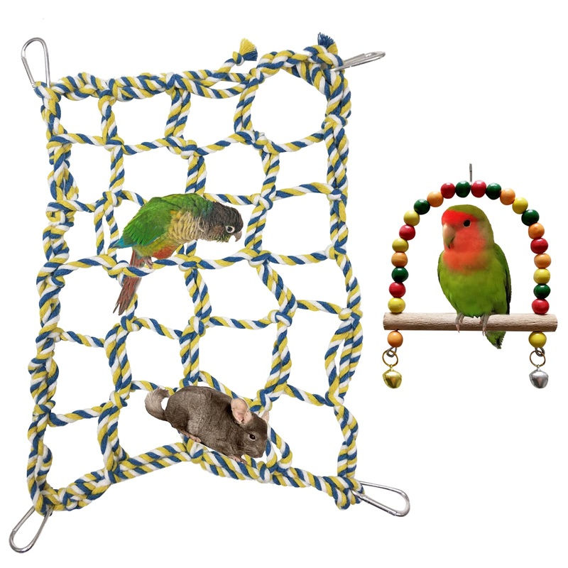 DKDDSSS 2 PCS Bird Rope Climbing Net Set, Small Animal Grid Hammock, Hanging Toy, for Bird, Parrot, Small Animal, Hamster, Squirrel (9.8 * 13.7 Inch, 4 Hooks)