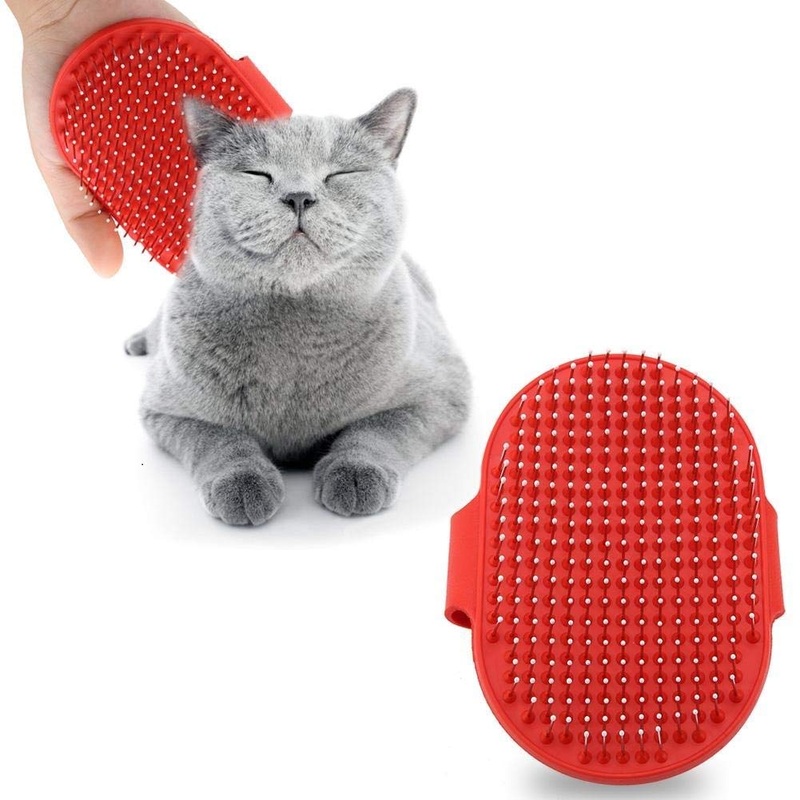 Dog brush, cat brush, grooming brush with massage effect, dogs, cats, fur brush, cleaning massage brushes with silicone nubs, pet salon grooming brush with ergonomic handle (red) red