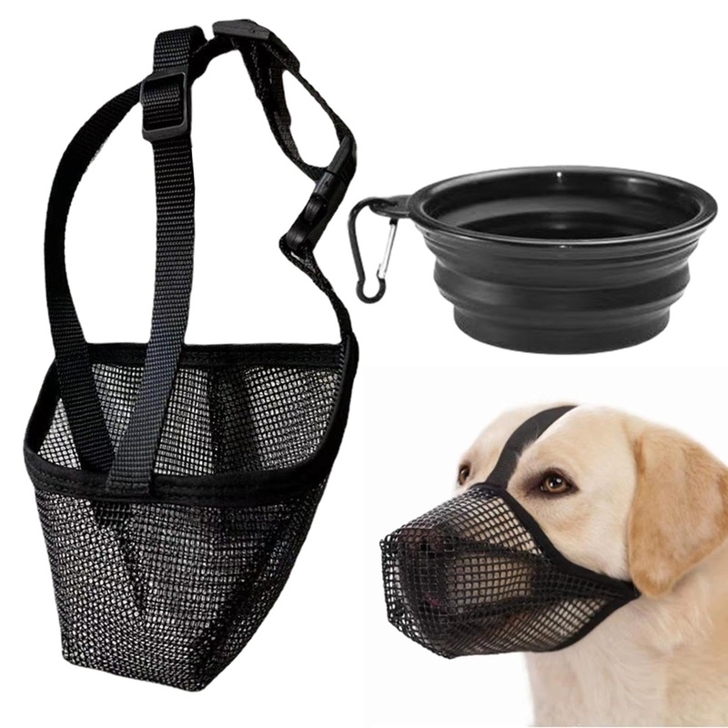 Dog Muzzle, Soft Adjustable Mesh Muzzles, Prevent Eating, Biting, Chewing, Dog Mouth Guard with Collapsible Bowl for Small, Medium and Large Dogs (Black) Black
