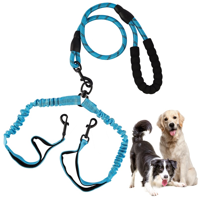 Double Lead Dog Lead for 2 Dogs, Dog Lead Medium Dogs with Soft Non-Slip Handle Reflective Anti Tangle Lead for Small and Medium Dogs for Walking Jogging (Blue)