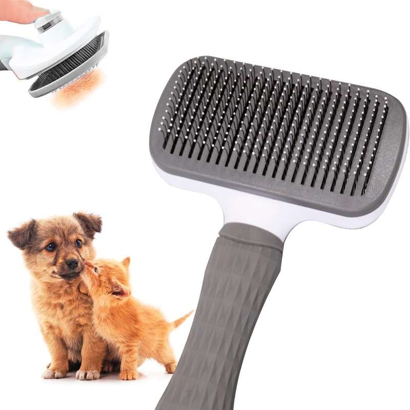 Edipets, cat brush, dog brush, long hair, self-cleaning, steel and silicone bristles, remove dead hair, ergonomic, pet accessories (gray) gray