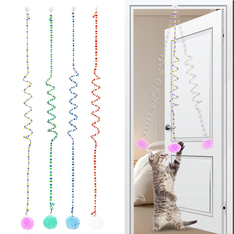 EMOIEMO cat toy, 4 pieces interactive cat toy with spring and bell, bouncing interactive cat toy, bouncing retractable for cat exercise and against boredom