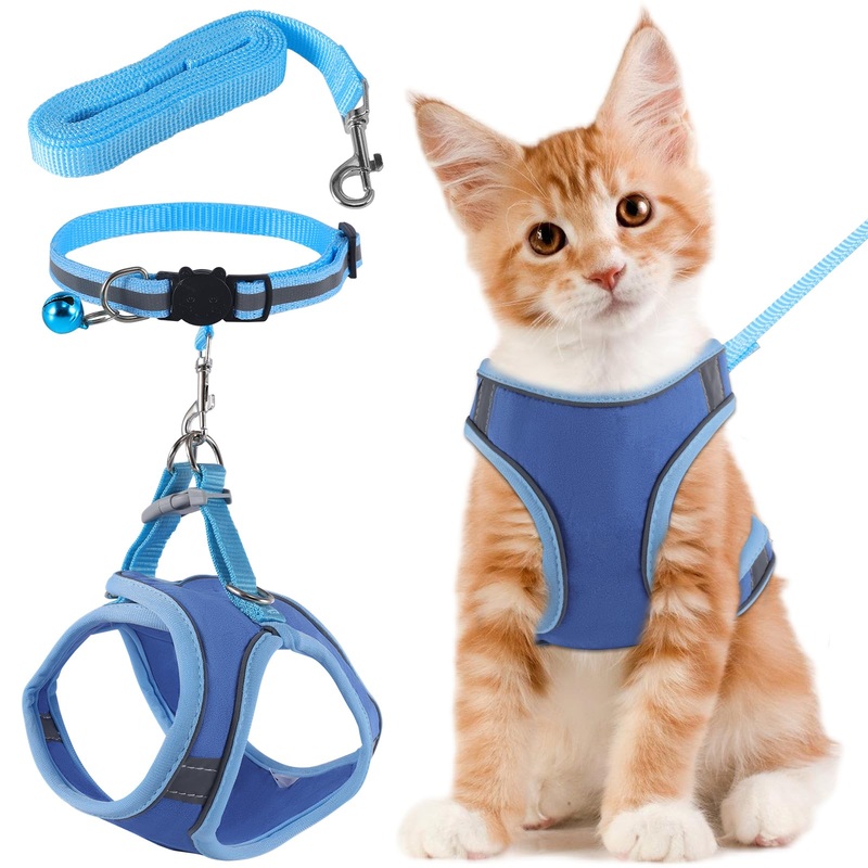 FIHODONE Cat harness with cat leash, cat collar, cat harness with leash, escape-proof, cat harness, adjustable, cat leash with harness for cats, orange with reflective strips (L, blue) L