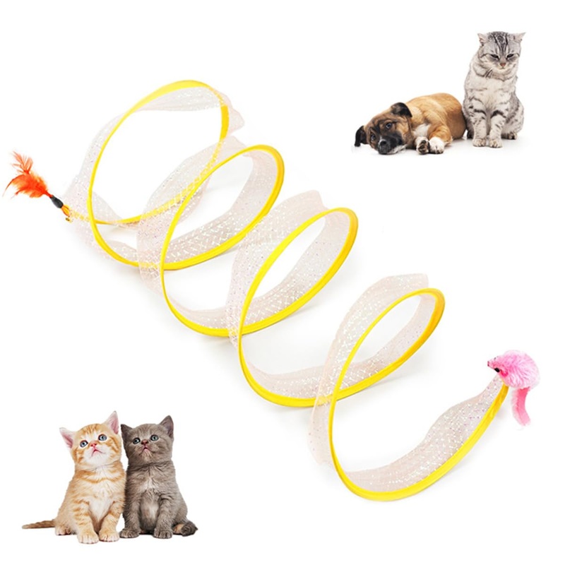 Foldable Cat Tunnel Cat Toy – Folded Cat Tunnel for House Cats with Feather Toys and Toy Mice, Cat Tent Play Tunnel with Interactive Toy for Kittens