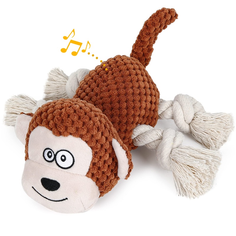 IOKHEIRA dog toy, cuddly toy dog, squeaky dog toys with crinkle paper, filled dog toy for large, medium and small dogs, cream ocher monkey
