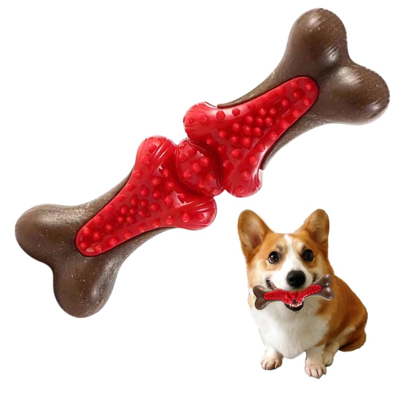 Lacusmall dog chew toy, hard dog toy for aggressive chewers with wood fibers, dog tooth toy for cleaning and training, strong dog toy chews for a long time and permanently red