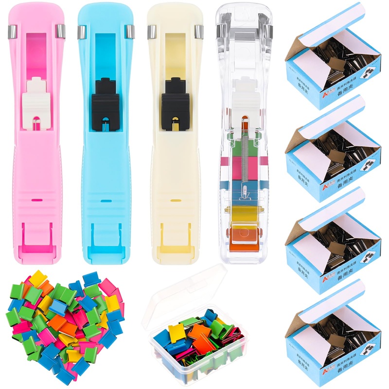 Livdouyu Pack of 4 push clip staplers, push staplers, staplers without staples. Comes with 250 colorful clips for study and work