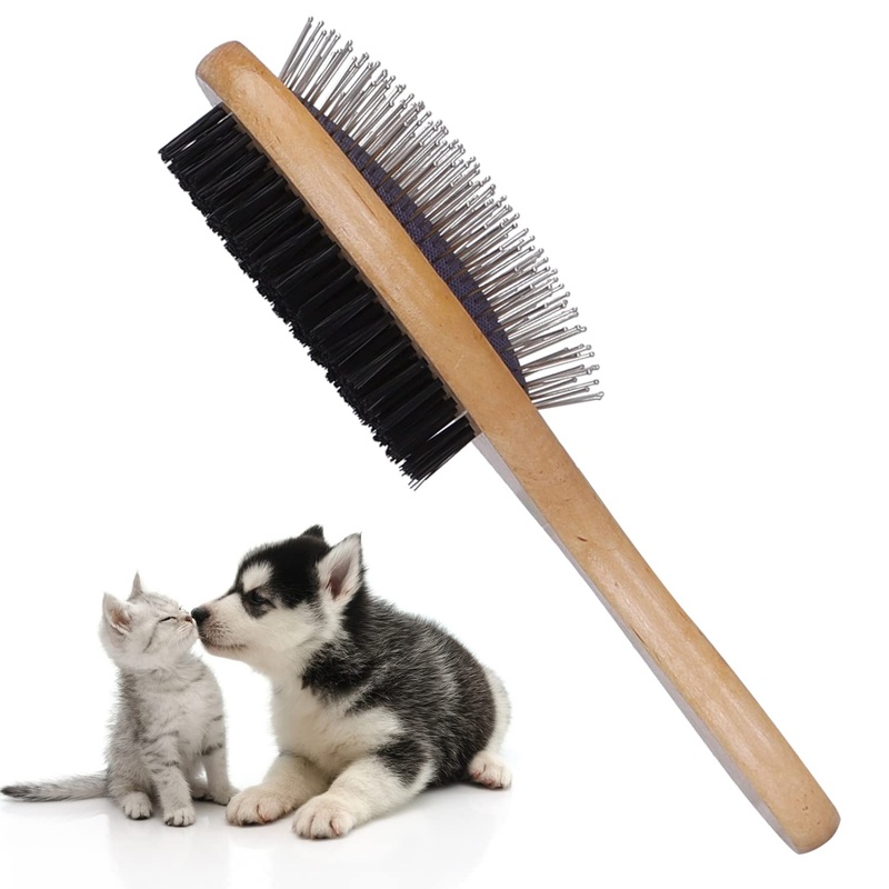 Nobleza Bamboo Dog Brush Cat Brush, 2-in-1 Dog Brush and Bristles, Professional Double-Sided Pet Hair Brush – Removes Loose Fur and Dirt Ideal for Long- and Short-Haired Pets W7*L23.5cm