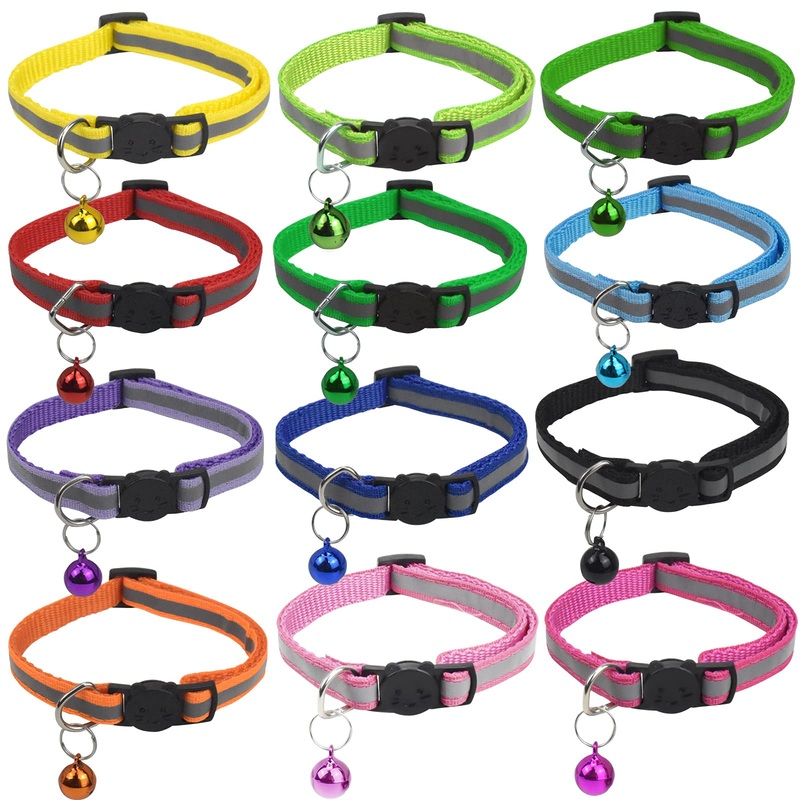 Pack of 12 Reflective Cat Collars with Collar Cat with Safety Clasp Pet Collar with Bell Adjustable Cat Collars Puppy Collars Cat Collars Adjustable 19-32cm