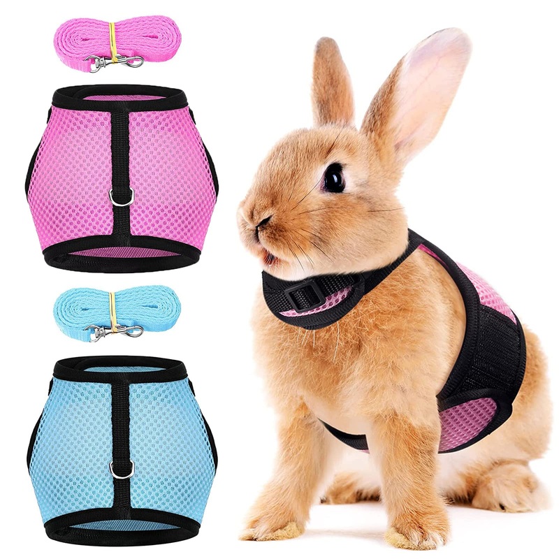 Pack of 2 Adjustable Soft Rabbit Harness, Breathable Rabbit Harness, Mesh Rabbit Harness, for Small Animal Rabbit Hamster Cat Outdoor (M, Blue, Pink)