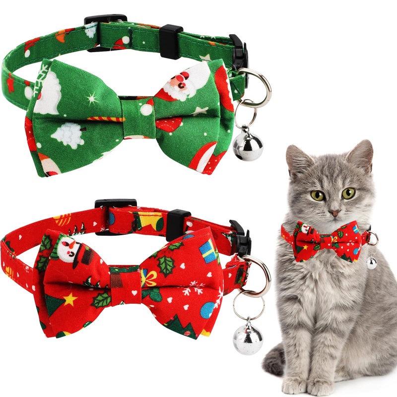 Pack of 2 Christmas Cat Collars with Bells and Bow Tie, Removable Adjustable Cat Collar Breakaway Cute Kitten Collar for Cats Puppies (Red Snowman + Green Santa Claus)