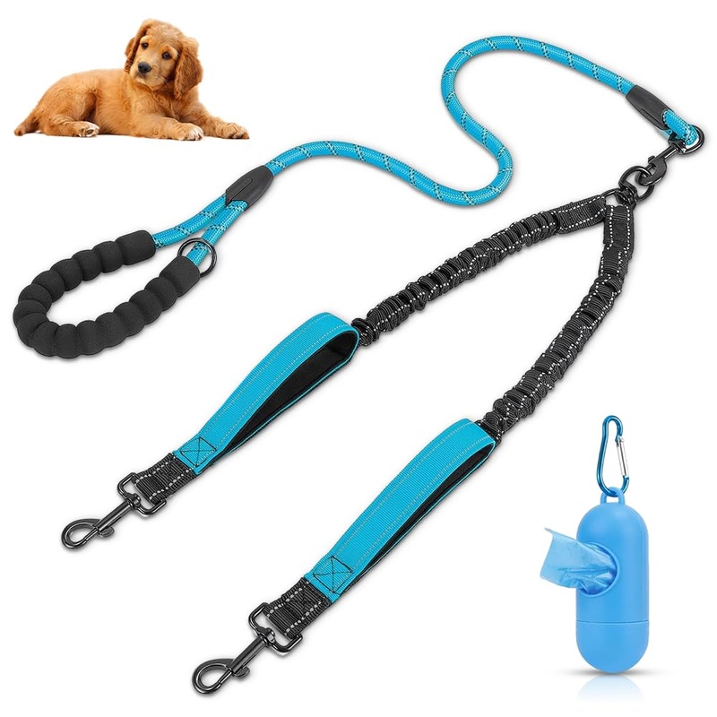 Palwin Double Leash for 2 Dogs, Double Dog Leash, Classic Dog Leashes, for Two Dogs, Adjustable Shock-Absorbing Bungee Reflective Leash for Dogs Small Medium and Large Running Training