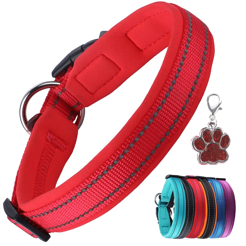PcEoTllar Dog Collar Adjustable Soft Padded Dog Collar Neoprene Nylon Reflective Collar Breathable Adjustable with ID Tag for Small Medium Large Dogs, Red-S S(35-40cm)