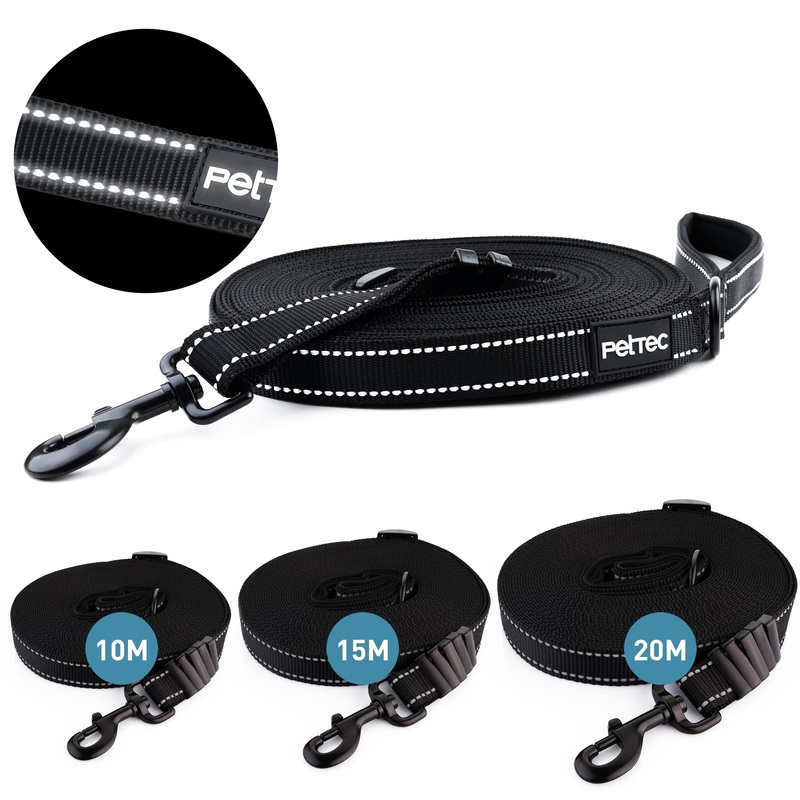 PetTec towing line 10m/15m/20m training leash for dogs made of extra-strong D860 nylon, dirt and water-repellent, robust long cross-country skiing leash/dog leash, adjustable towing leash, long puppy leash black