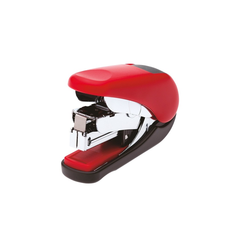 PLUS Japan, mini flat stapler ST-10V in red, flat stapler with power support, stapling capacity up to a maximum of 20 sheets, mini stapler, including 300 staples No. 10, pack of 1 (1 x 1 stapler) stapler
