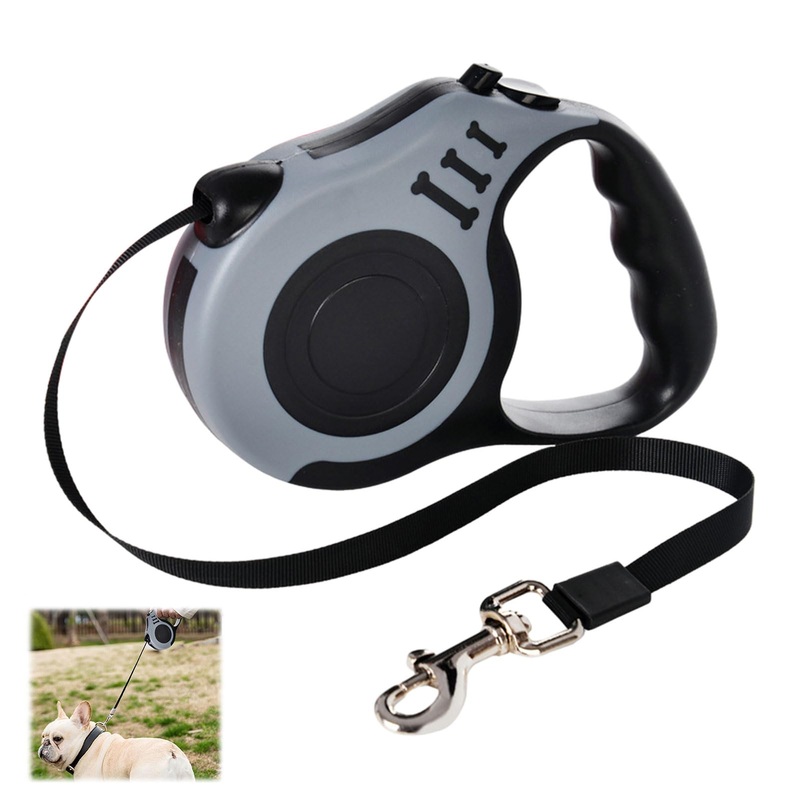 Roll-up dog leash, 1 piece, gray, 5 m roll-up leash for dogs, automatic extendable dog leash, anti-slip handle and quick brake button for small dogs up to 25 kg