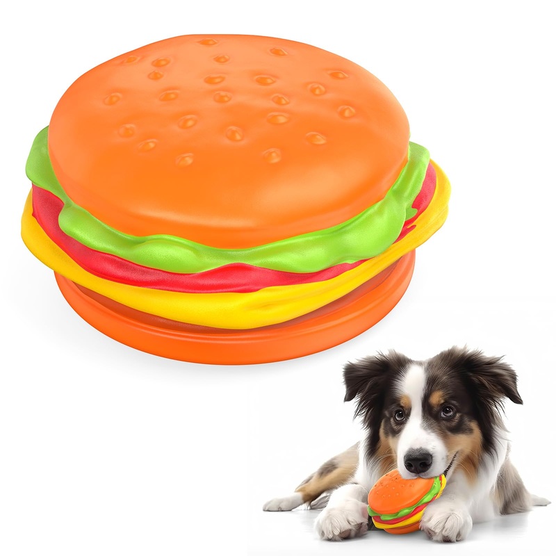 RUXAN Indestructible Dog Toy for Aggressive Chewers, Durable Teeth Cleaning Toy with Squeaky, Toughest Natural Rubber Dog Toy for Medium/Large Dogs Orange – Burger