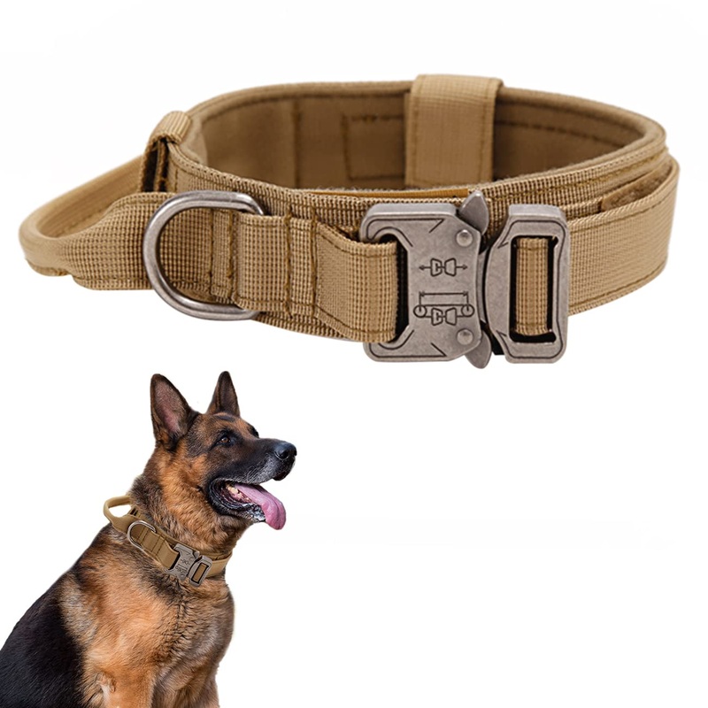 Tactical Dog Collar, Adjustable Collar with Control Handle, Soft Padded Nylon Dog Collar with Robust Metal Buckle for Medium Large Dogs M Brown