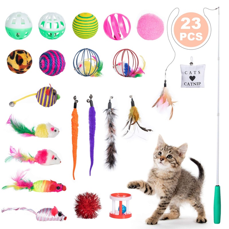 ZWOOS Cat Toy, 23 Piece Cat Toy Set Cat Toys Variety Pack with Balls Feather Toy Plush Toy Toy Mice for Cats Kitty 23 Piece