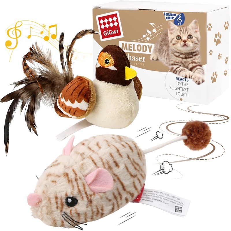 2 Pack Interactive Cat Toy Chirping Bird and Automatic Moving Mouse, Cat Toy for Indoor Cats with Soft Plush Interactive Cat Toy with Real Animal Sound