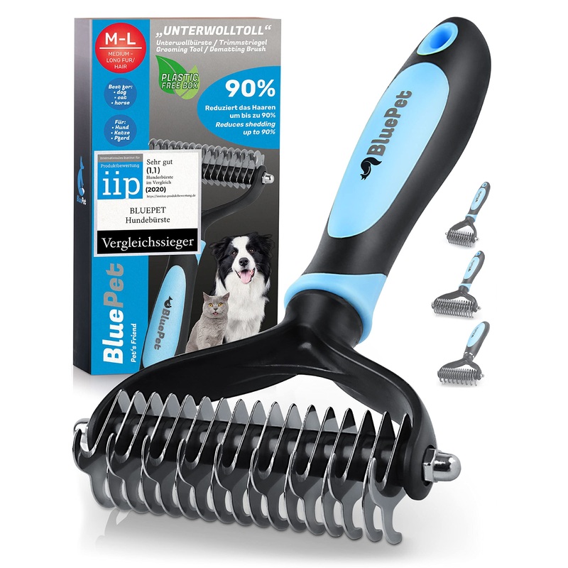 BluePet UnterwollToll dog brush & cat brush for long hair | Undercoat comb removes undercoat & tangles | Massage effect & top hair protection | Fur brush BESTSELLER size ML Blue
