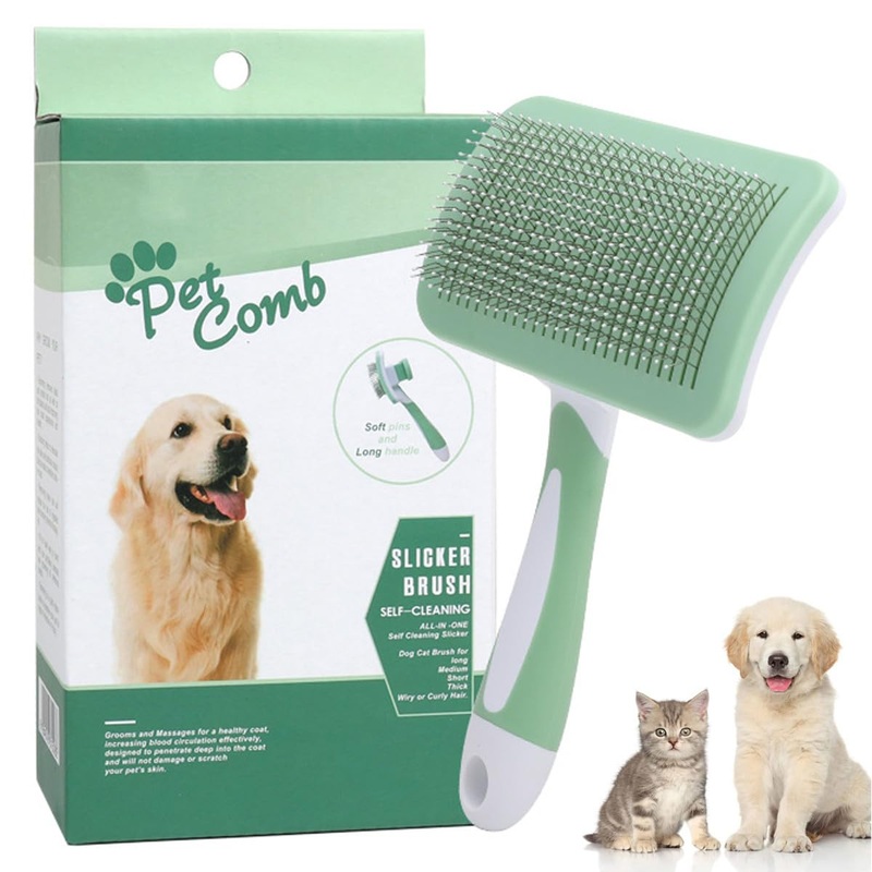Cat brush, short hair cat brush, dog hair brush, fur brush for cats, with cleaning button for pets, short cat brush. (green) Green