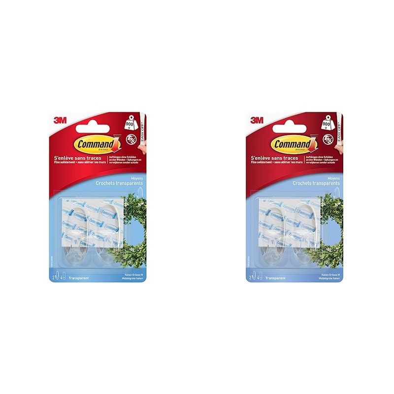Command 17091CLR hook M (900g, 2 hooks + 4 strips in M) transparent (pack of 2) M (pack of 2)