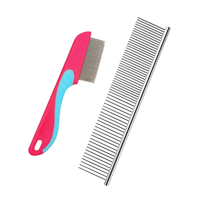 Dog Comb, Cat Comb, Pet Comb, Metal Comb, Steel Comb, Cat Grooming Comb for Removing Tangles and Knots (Slive + Pink)