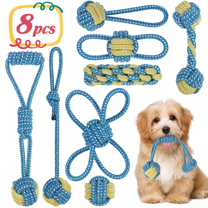 ETACCU Dog Toy Dog Rope Toy, 8 Piece Dog Toy Set for Small Dogs, Dog Toy Intelligence, 100% Cotton Indestructible Dog Toy Rope, Puppy Toy (Blue) Blue/Small Dogs