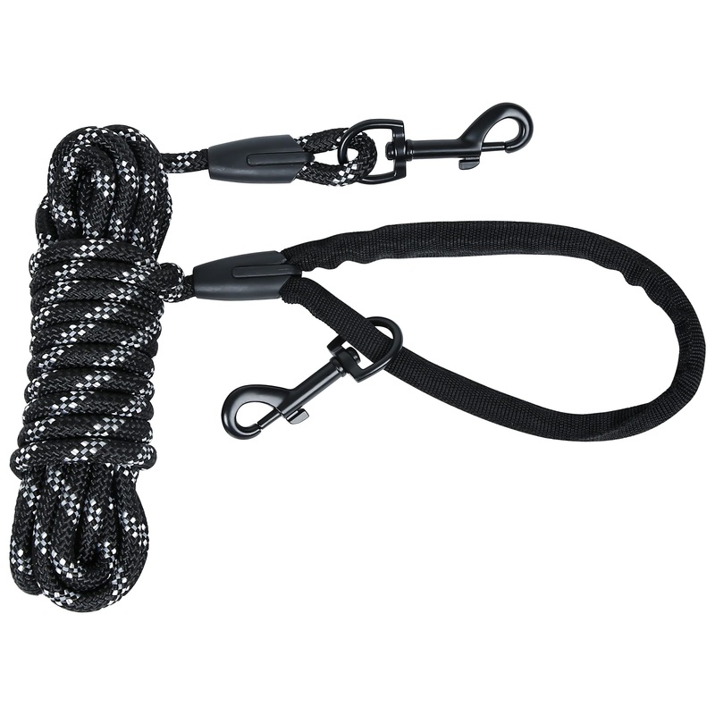 MECHHEIT Towing leash for dogs, 5m/10m/15m dog training leash, dog leash with padded handle, 2 carabiner hooks, for small to large dogs, nylon black 5M